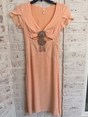 Free People Meet Me There Beaded Fringe Cutout Midi Dress Peach Pink Size 4